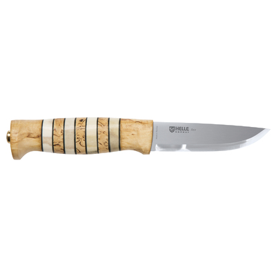 Helle-Arv  - 87mm Triple Laminated Stainless Steel Knife (Curly Birch, Staghorn and Leather Handle with Leather Sheath)