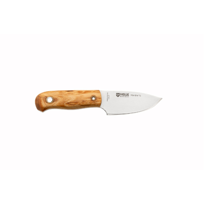 Helle-Mandra1620 - 69mm 12C27 Flat Grind Stainless Steel Knife (Curly Birch & White Liners Handle with Leather Sheath)