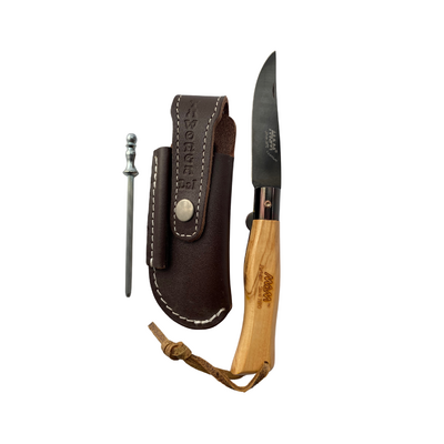 MAM_POCKETG - Gift Pack Containing (90mm Black Titanium Douro Pocket Knife, Tawonga DARK  brown leather pouch & 7.5cm Sharpening Steel)