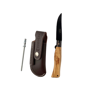 MAM_POCKETH - Gift Pack Containing (90mm Black Douro Pocket Knife, Tawonga Brown leather pouch & 7.5cm Sharpening Steel)